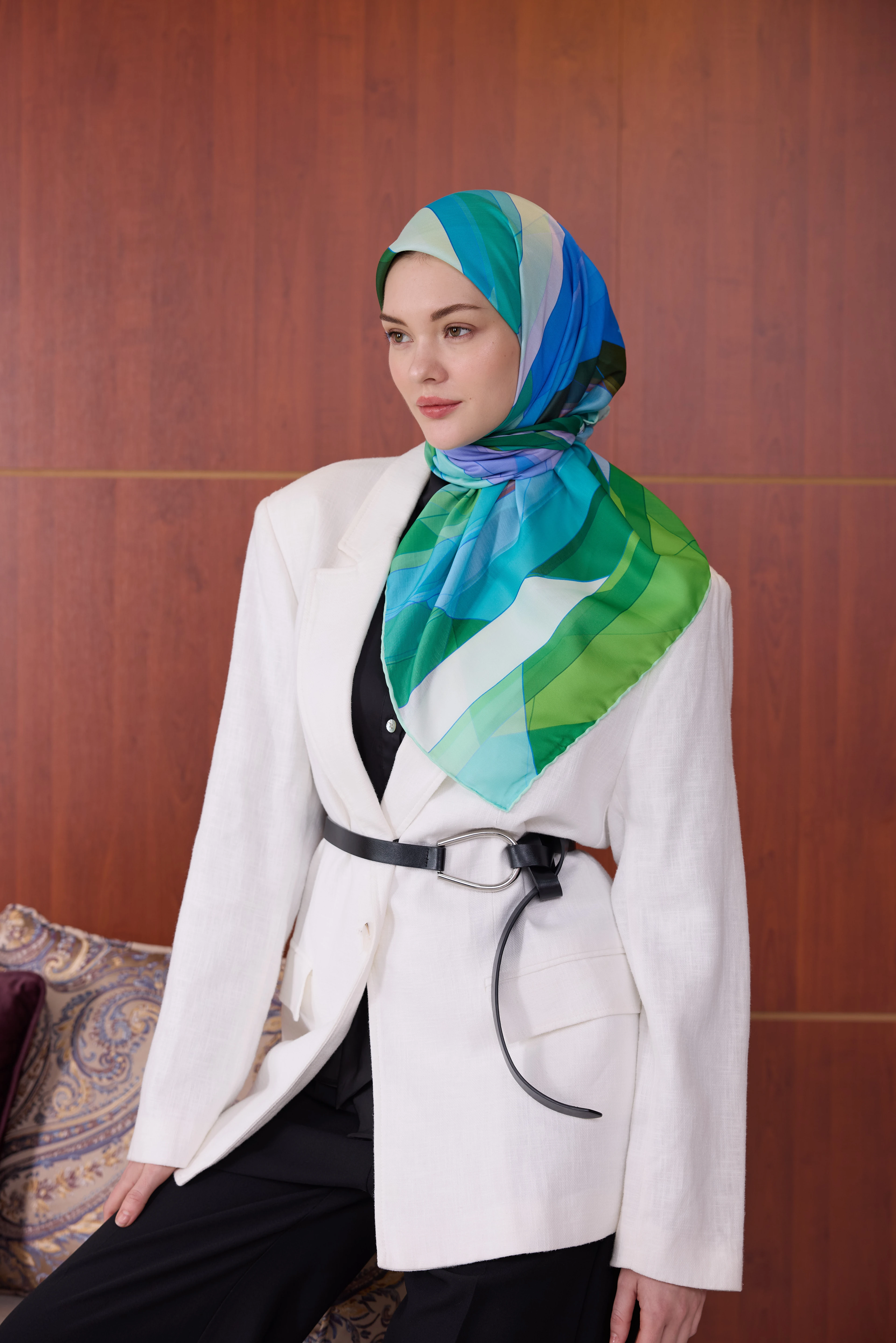 Geometrik Benetton Yeşili Pamuk Viskon Eşarp 1084-02