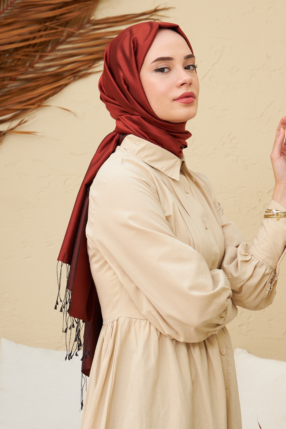 Kızıl Bakır Düz Çift Taraflı İpek Şal Modeli