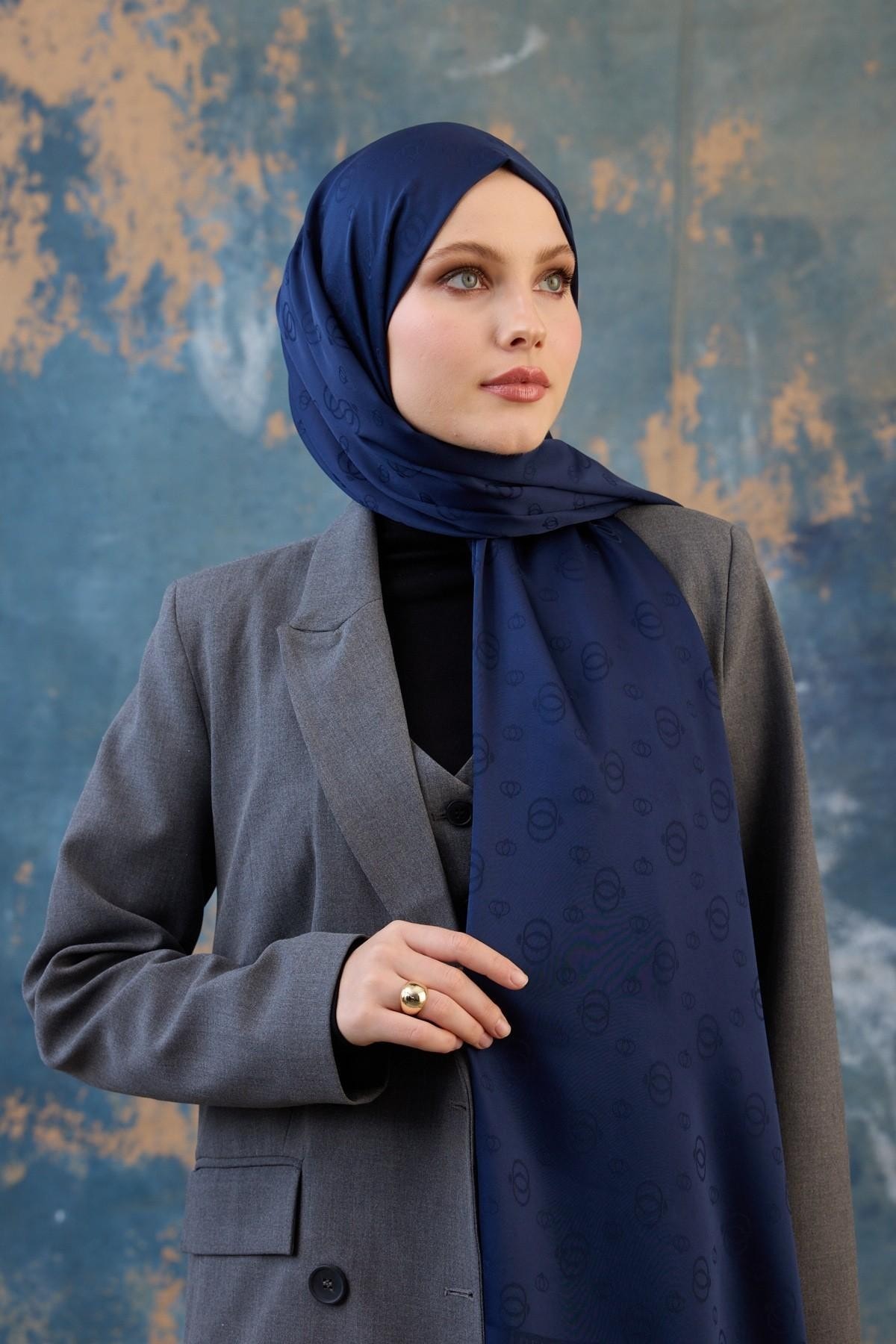 Fall Winter İpeksi Jakar Şal Lacivert 9018-12