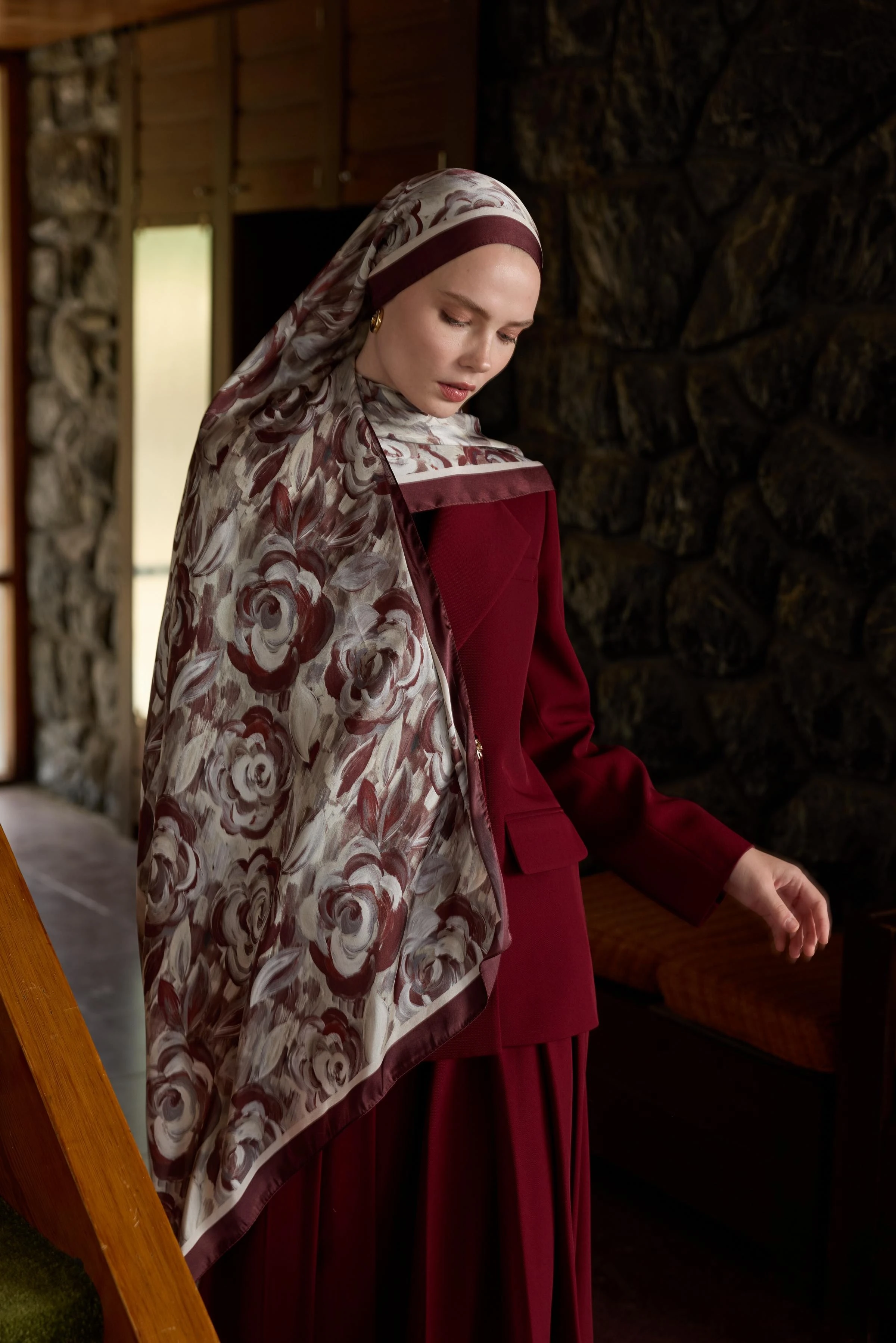 Winter Bloom Hint İpek Şal 5014 - Bordo