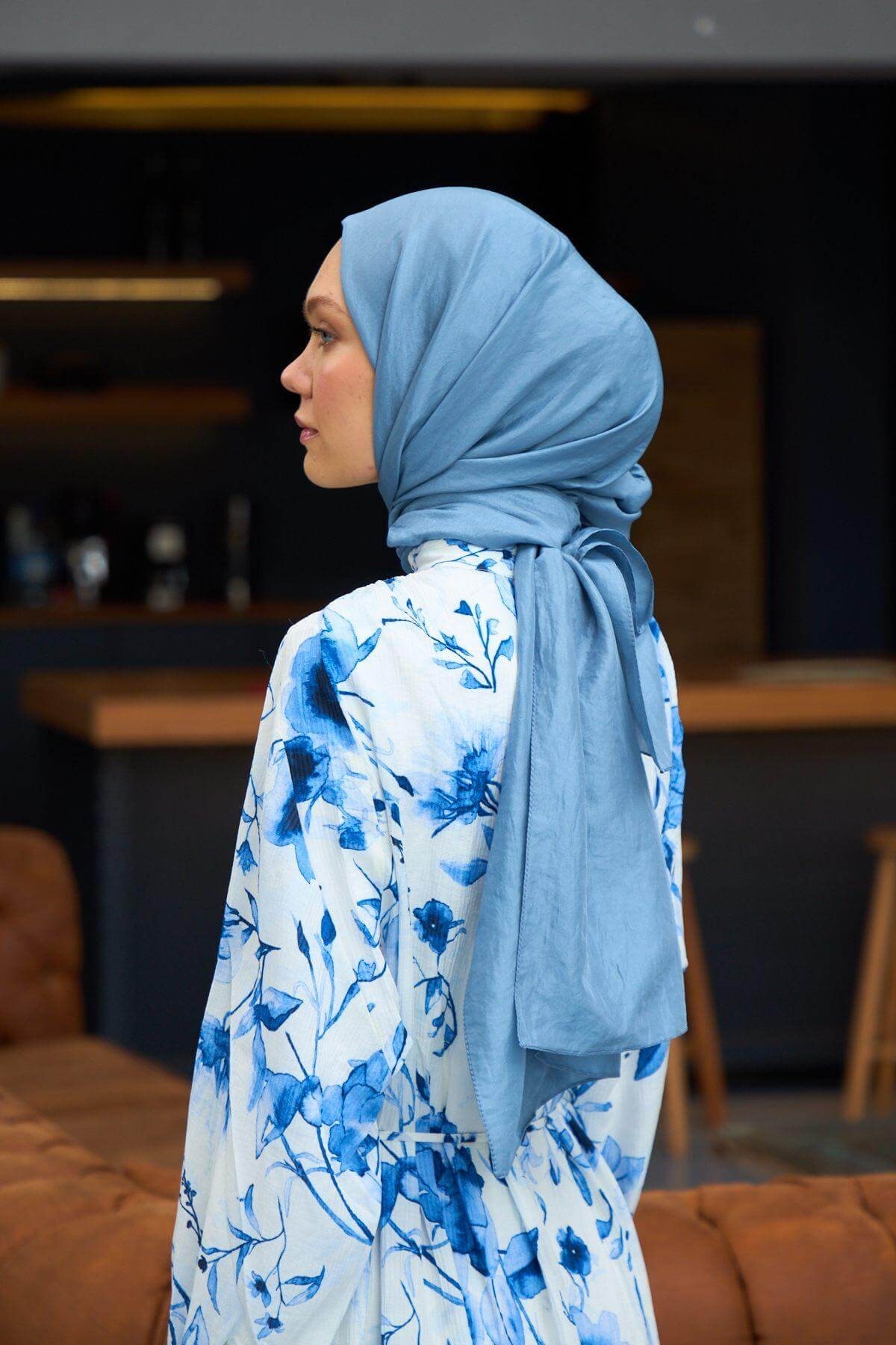 Düz Desen Vual Şal Gökyüzü Mavi Vual İpek Şal - 9800-07