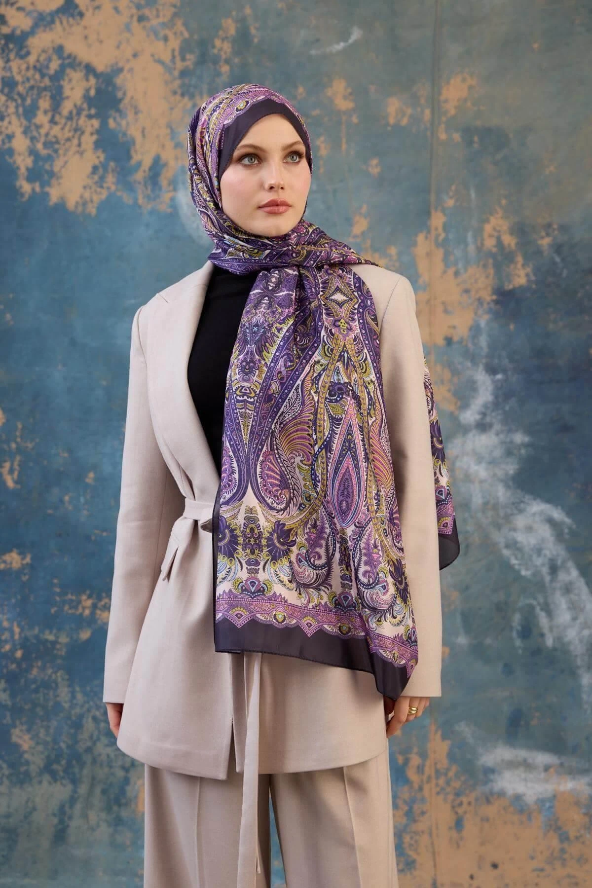 Şal Desen Vual Şal Lila Mor Vual İpek Şal - 9801-18