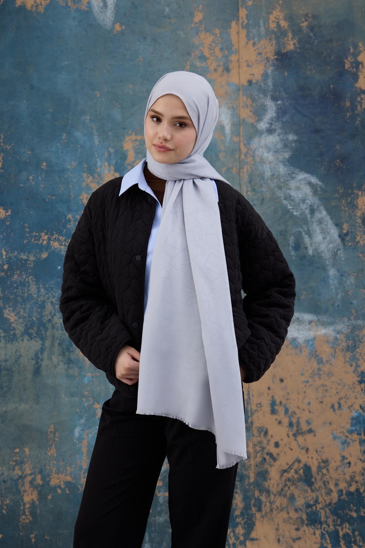 Kare Desen Pamuk Jakar Şal Gümüş 8012-06