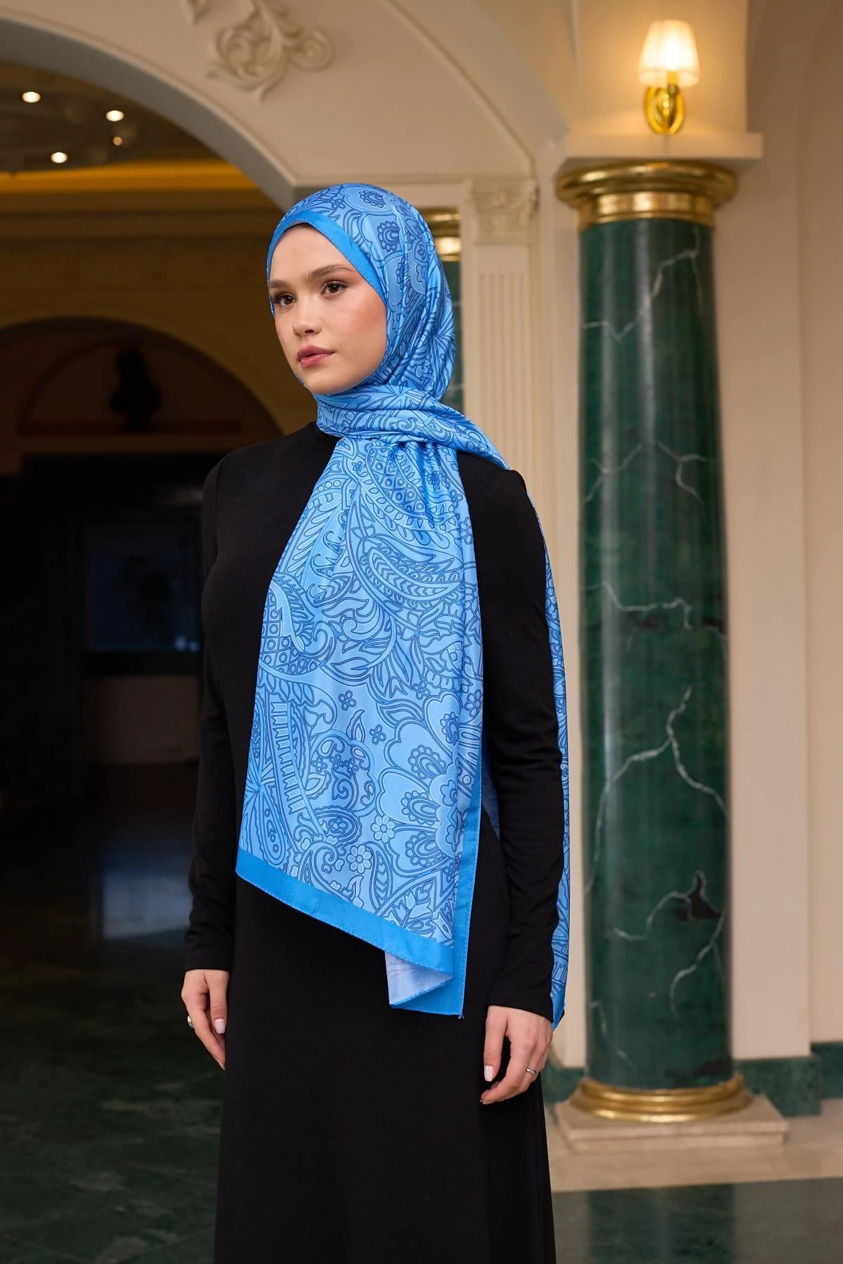 Desenli Vual Şal Mavi Vual İpek Şal - 9803-15