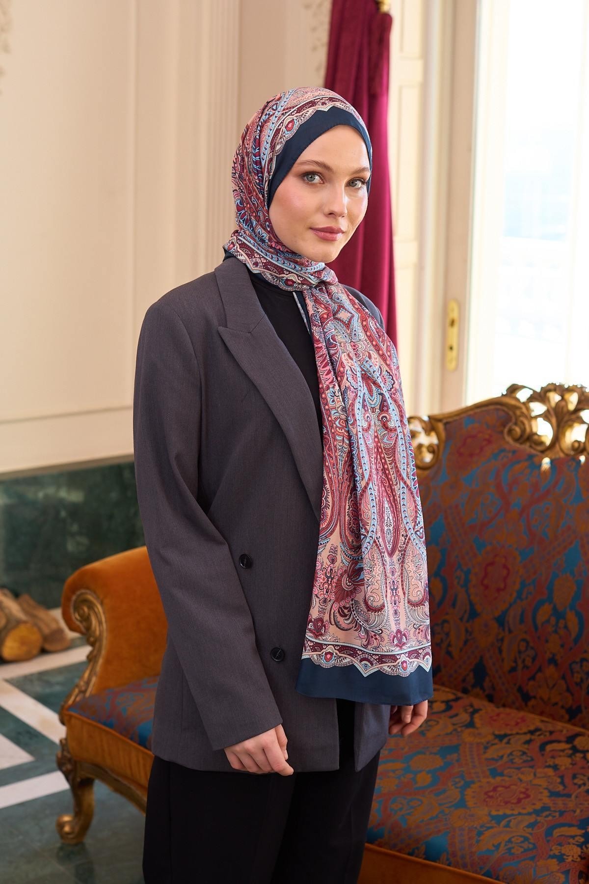 Desenli Vual Şal Lacivert Somon Vual İpek Şal - 9804-11