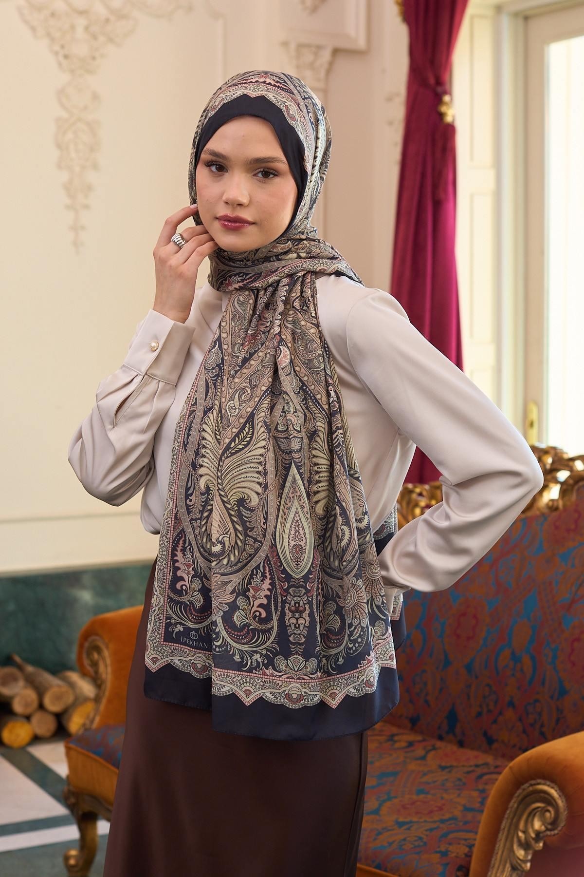 Desenli Vual Şal Siyah Su Yeşili Vual İpek Şal - 9804-18