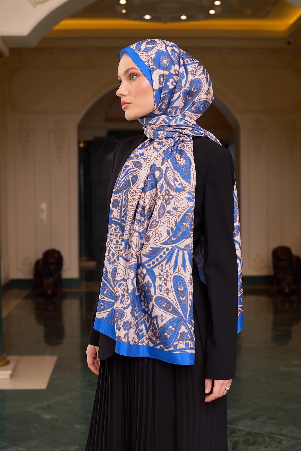 Desenli Vual Şal Saks Beyaz Vual İpek Şal - 9803-23