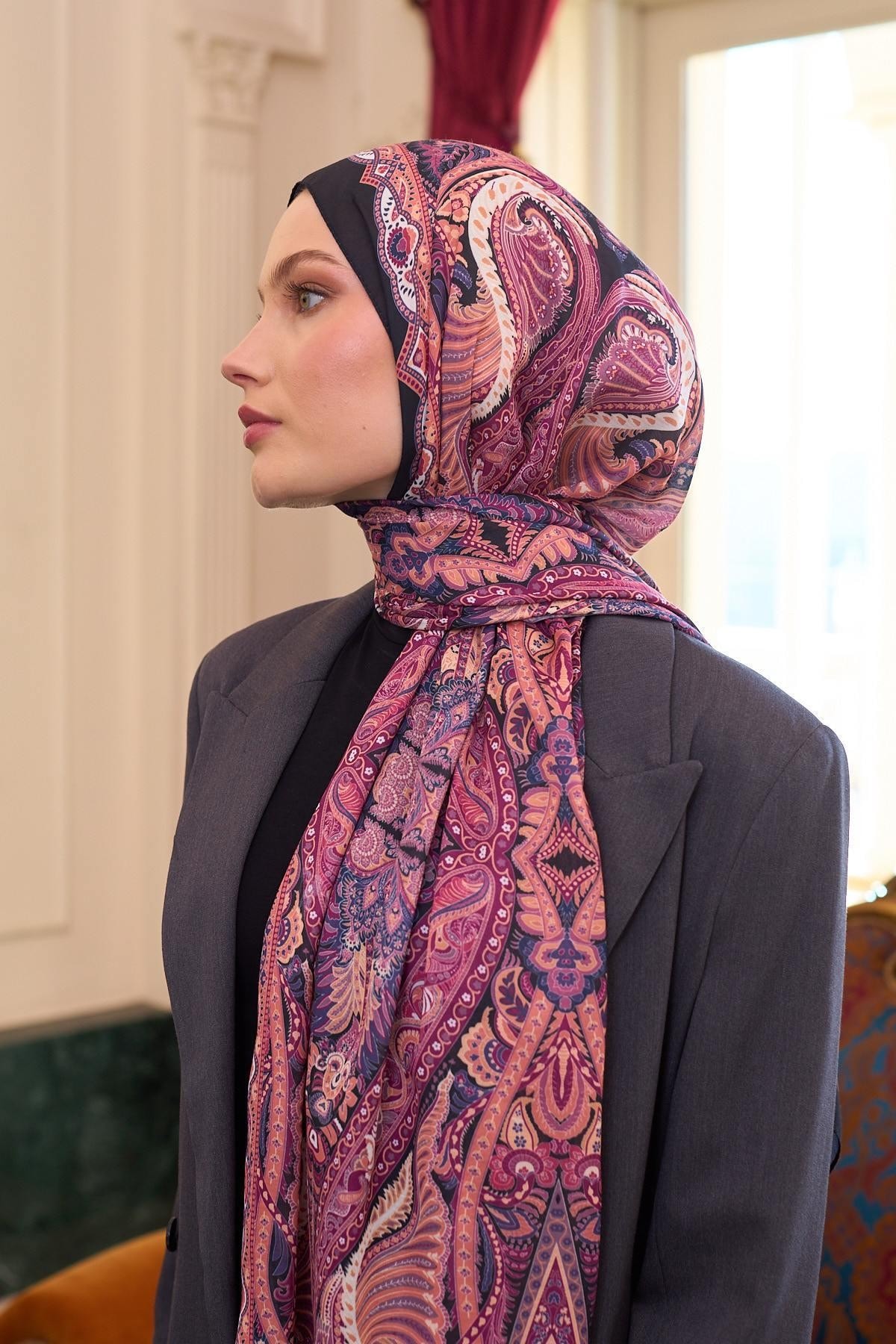 Desenli Vual Şal Fuşya Vual İpek Şal - 9804-04