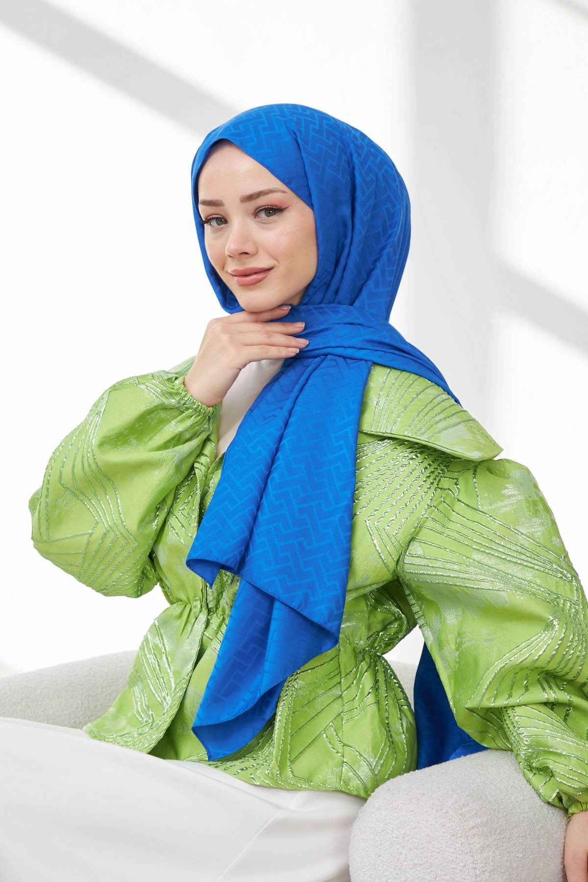 Lego Desen İpeksi Jakar Şal Saks Mavi 9004-12