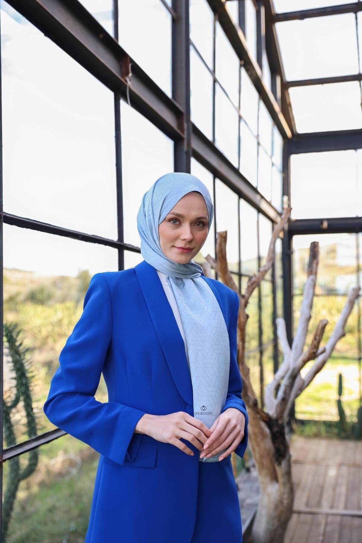 Exen Desen İpeksi Jakar Şal Baby Blue 9011-13