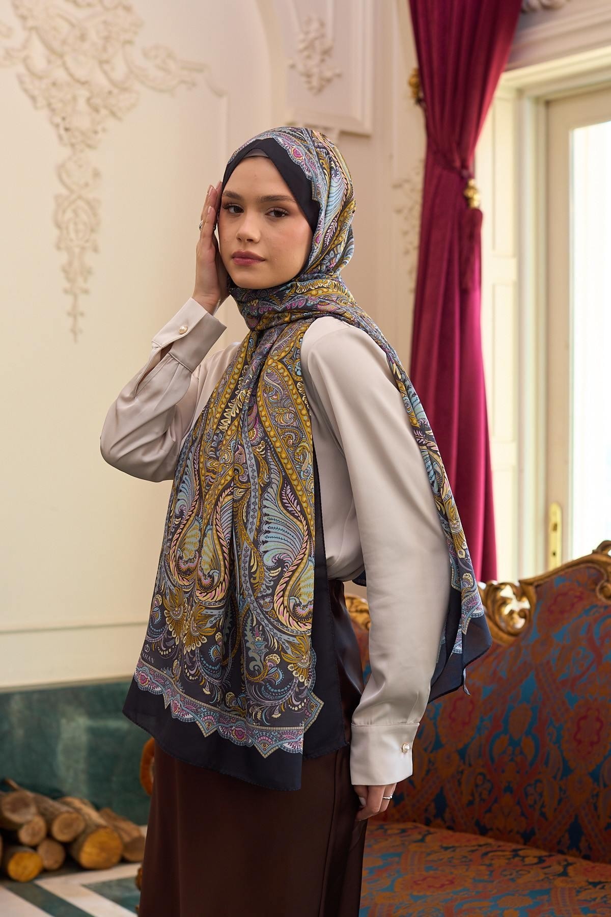 Desenli Vual Şal Altuni Vual İpek Şal - 9804-15