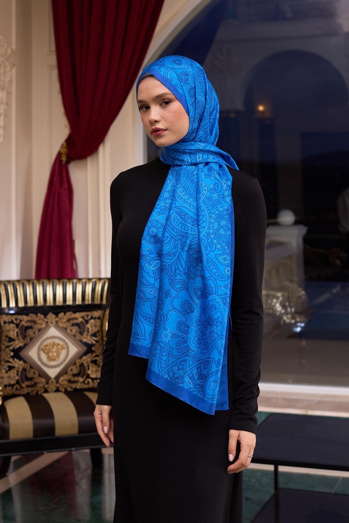 Desenli Vual Şal Saks Vual İpek Şal - 9803-22