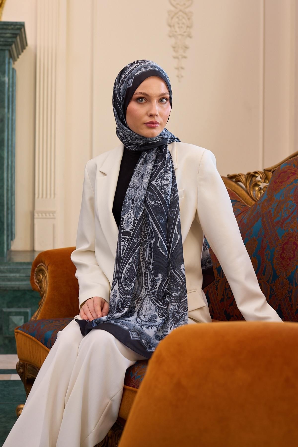 Desenli Vual Şal Siyah Beyaz Vual İpek Şal - 9804-16