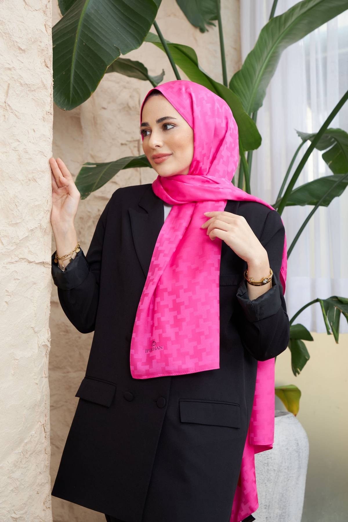 Cross Desen İpeksi Jakar Şal Fuşya 9006-05