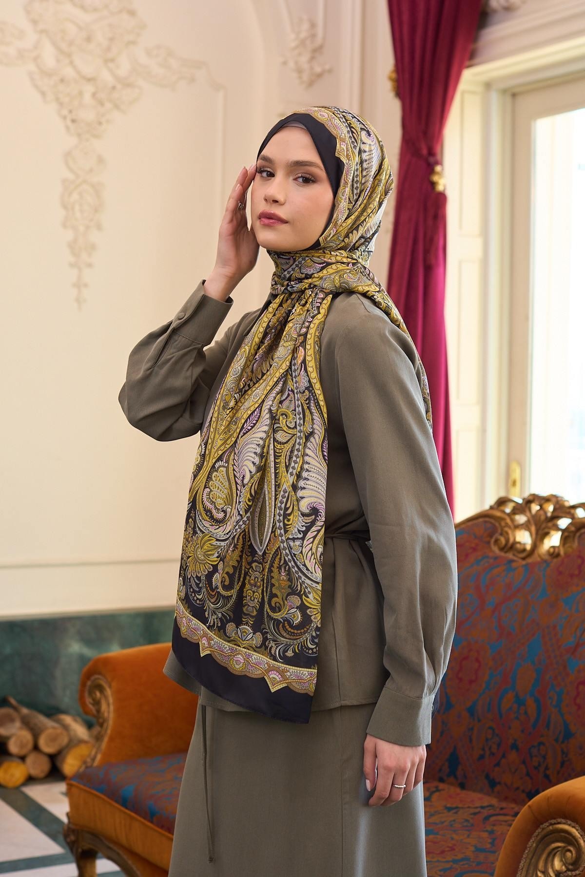 Desenli Vual Şal Altuni Vual İpek Şal - 9804-02