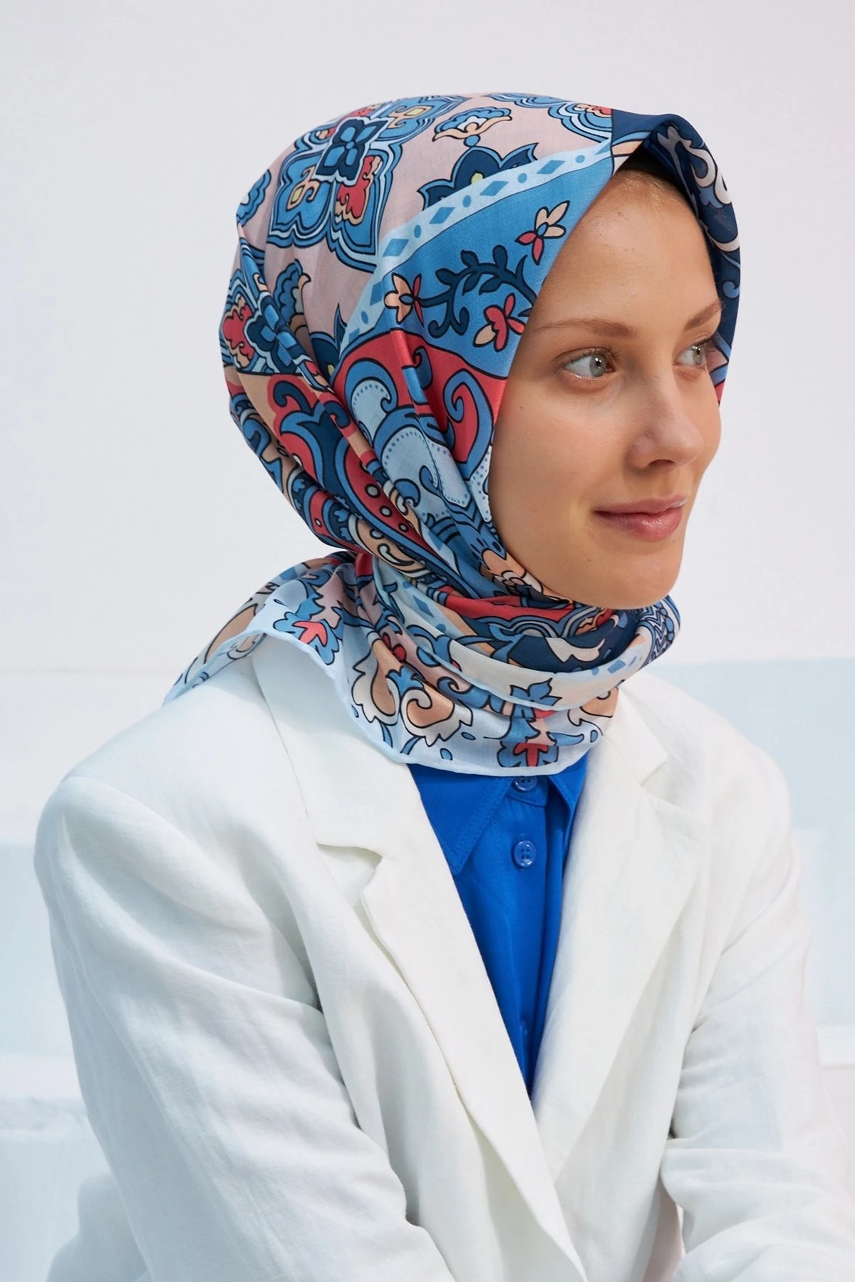 Mozaik Mavi Pamuk Viskon Eşarp