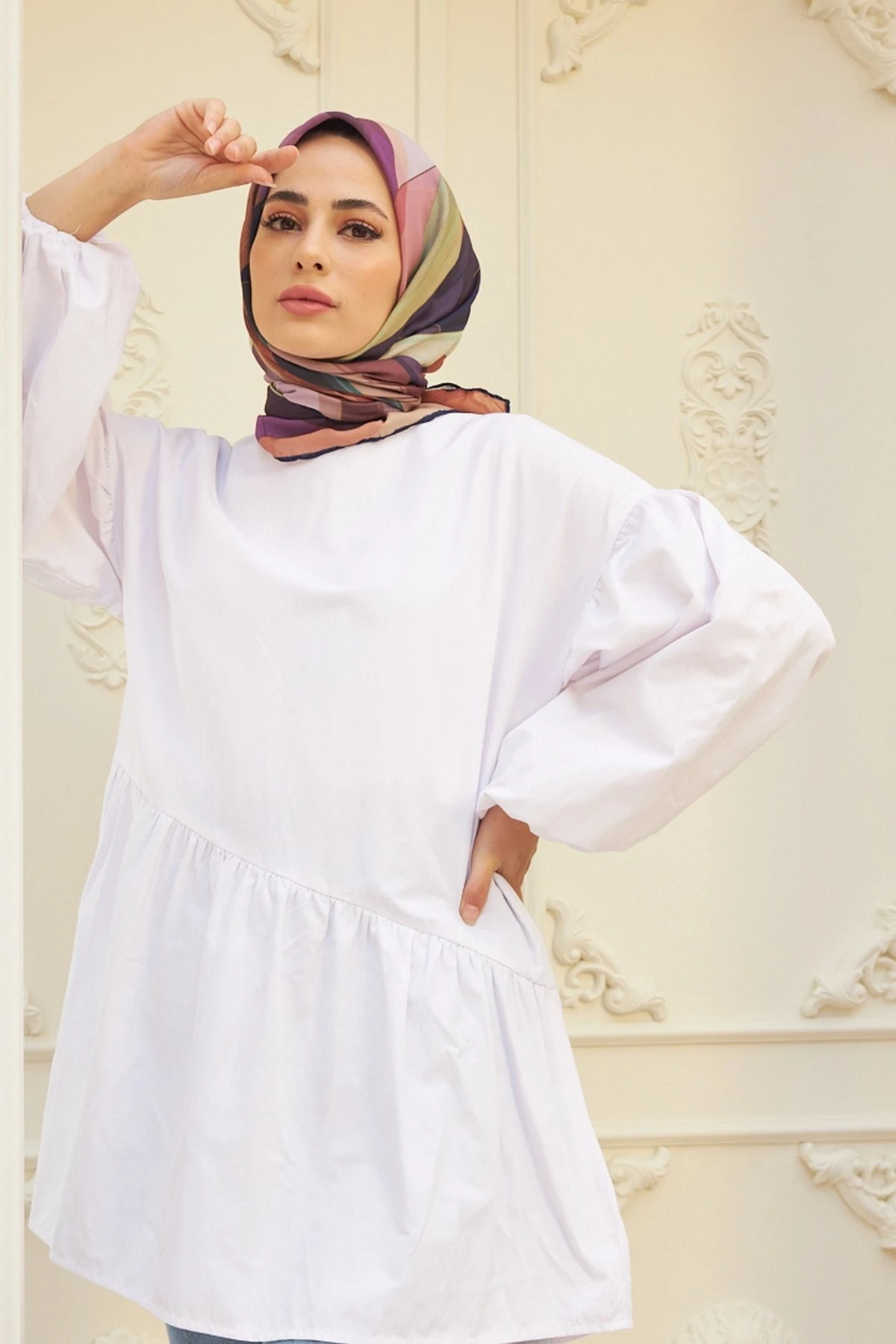 Geometrik Kahverengi Pamuk Viskon Eşarp