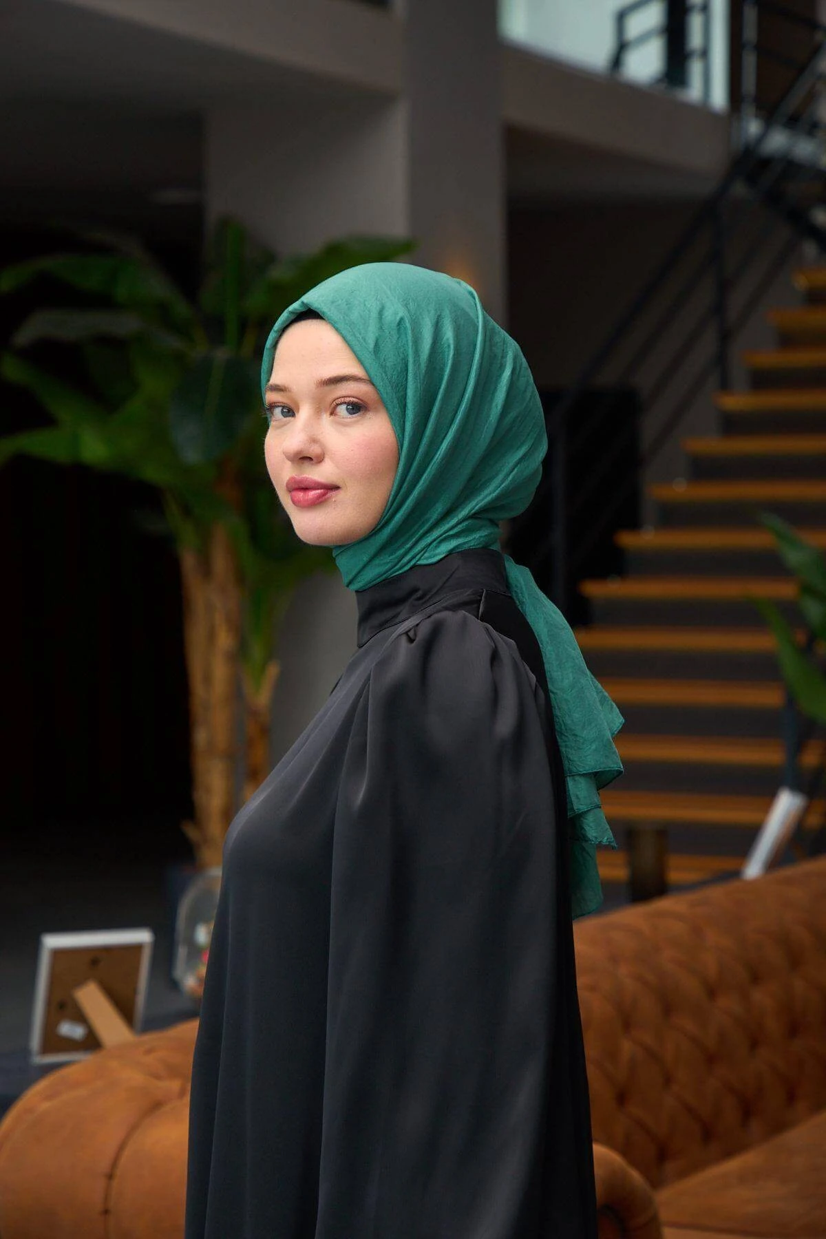 Düz Desen Vual Şal Orman Yeşil Vual İpek Şal - 9800-36