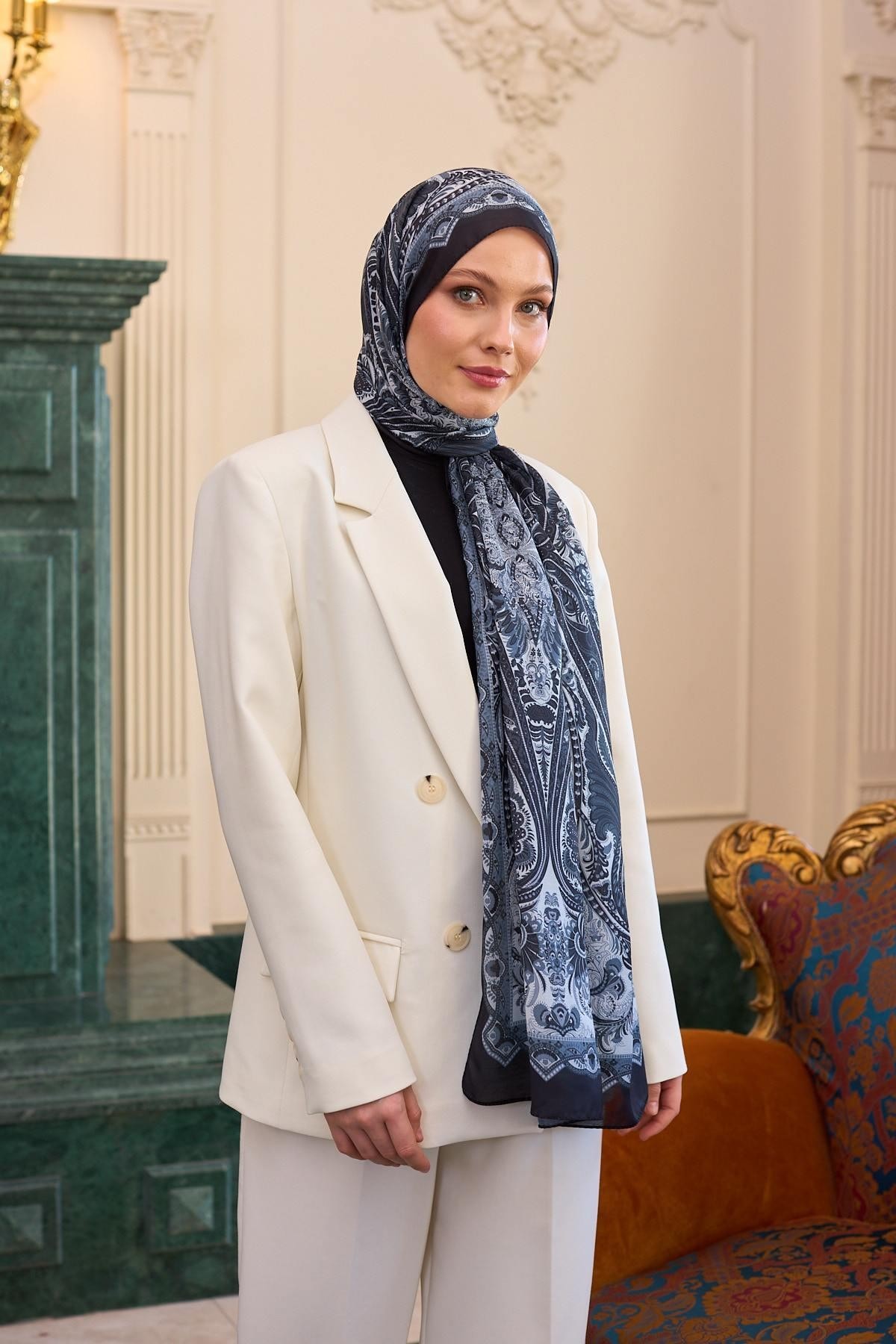 Desenli Vual Şal Siyah Beyaz Vual İpek Şal - 9804-16