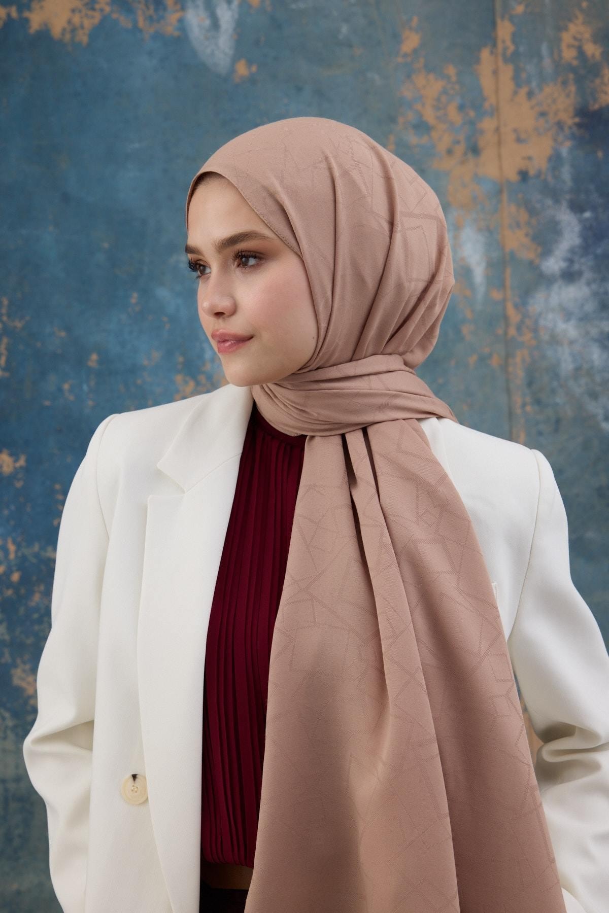 Kare Desen Pamuk Jakar Şal Tatlı Vizon 8012-23