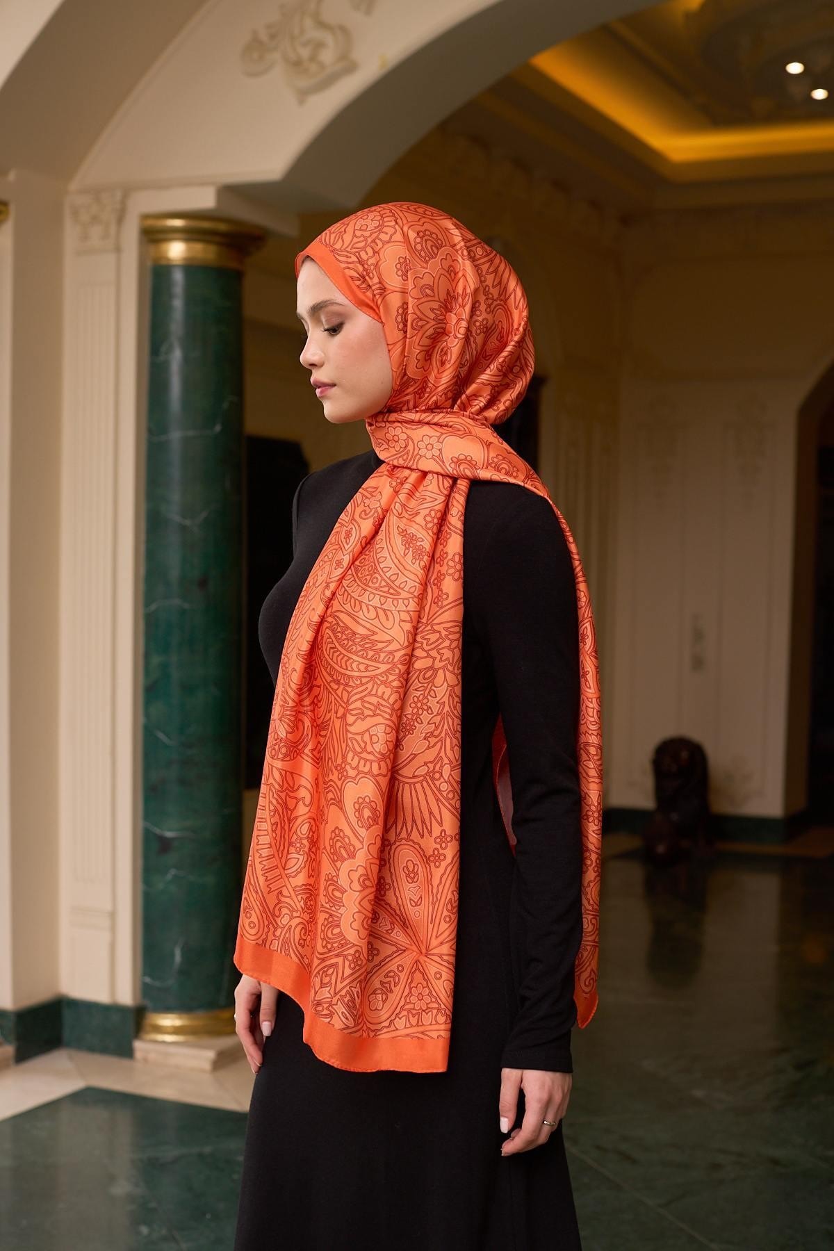Desenli Vual Şal Turuncu Vual İpek Şal - 9803-29