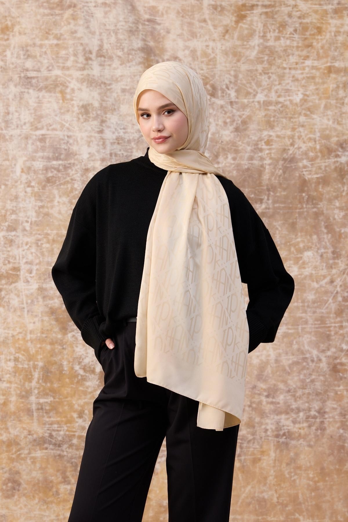 Fall Winter İpeksi Jakar Şal Krem 9020-24