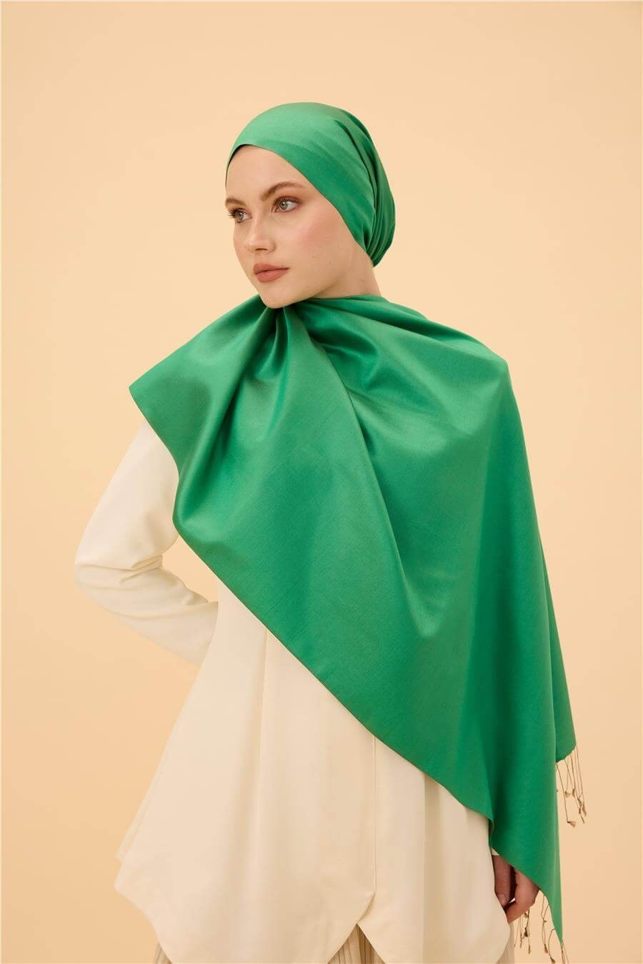 Elma Yeşil Düz Çift Taraflı İpek Şal Modeli