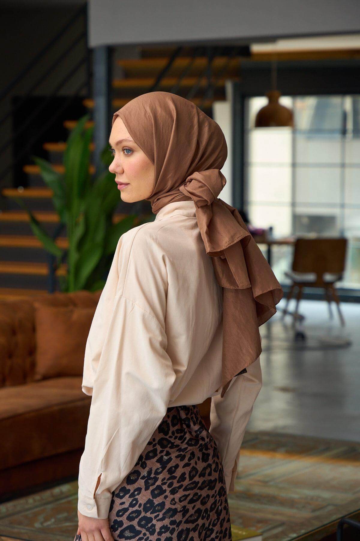 Düz Desen Vual Şal Soluk Kahve Vual İpek Şal - 9800-31