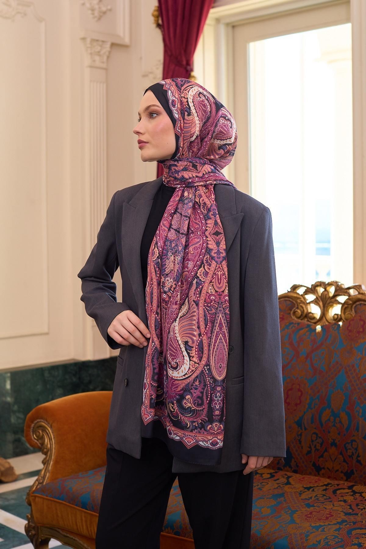 Desenli Vual Şal Fuşya Vual İpek Şal - 9804-04