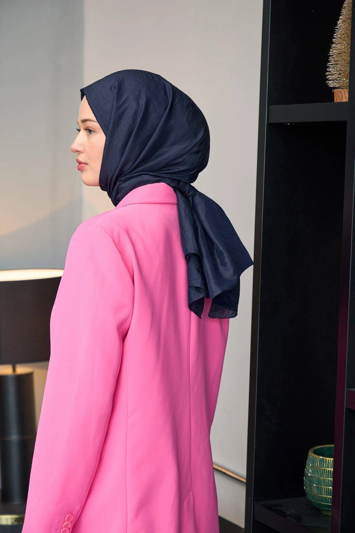 Düz Desen Vual Şal Lacivert Vual İpek Şal - 9800-27