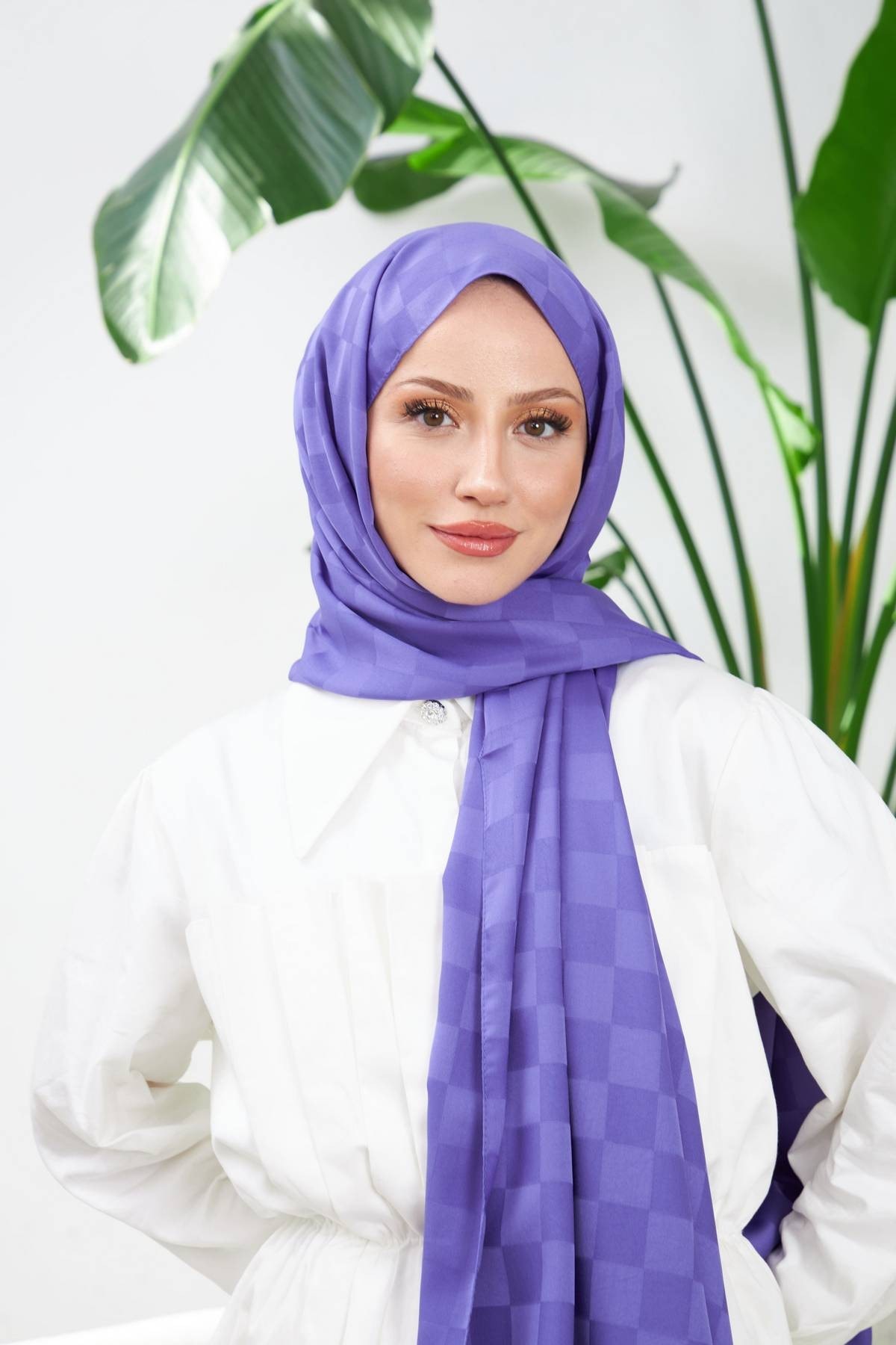 Yeni Dama Desen İpeksi Jakar Şal Mor 9007-24