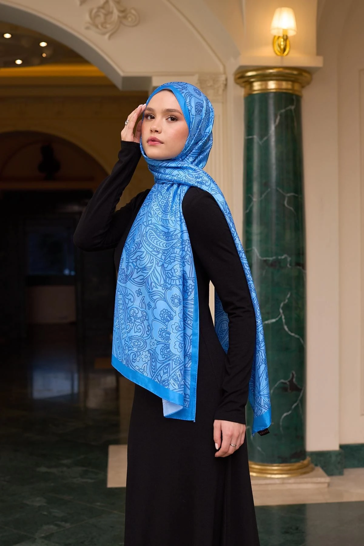 Desenli Vual Şal Mavi Vual İpek Şal - 9803-15