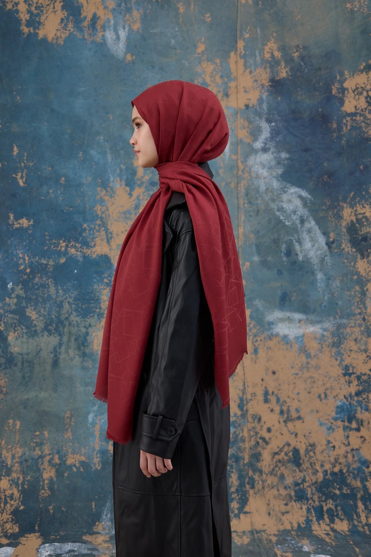 Kare Desen Pamuk Jakar Şal Kırmızı 8012-15