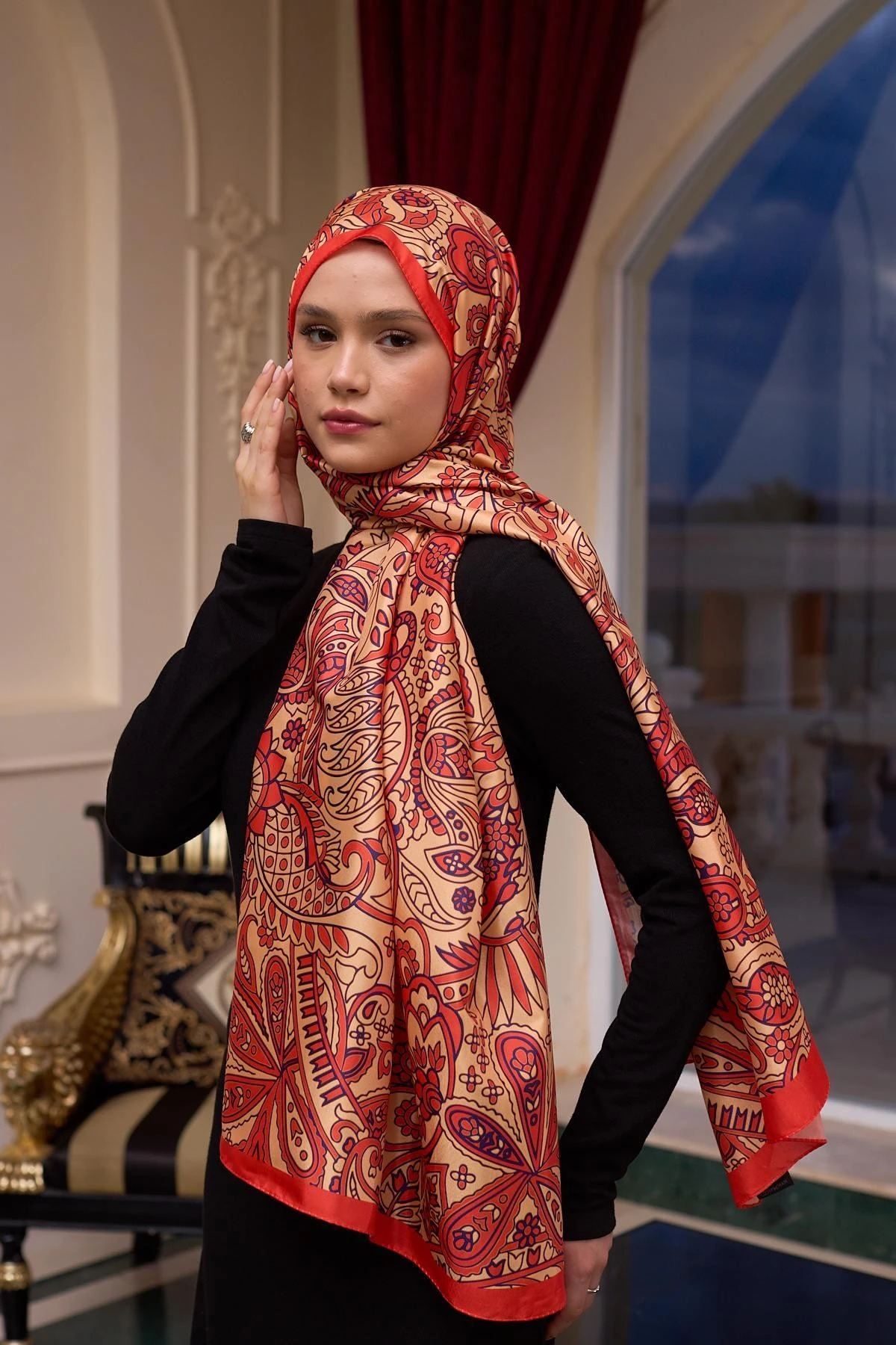 Desenli Vual Şal Altın Turuncu Vual İpek Şal - 9803-01