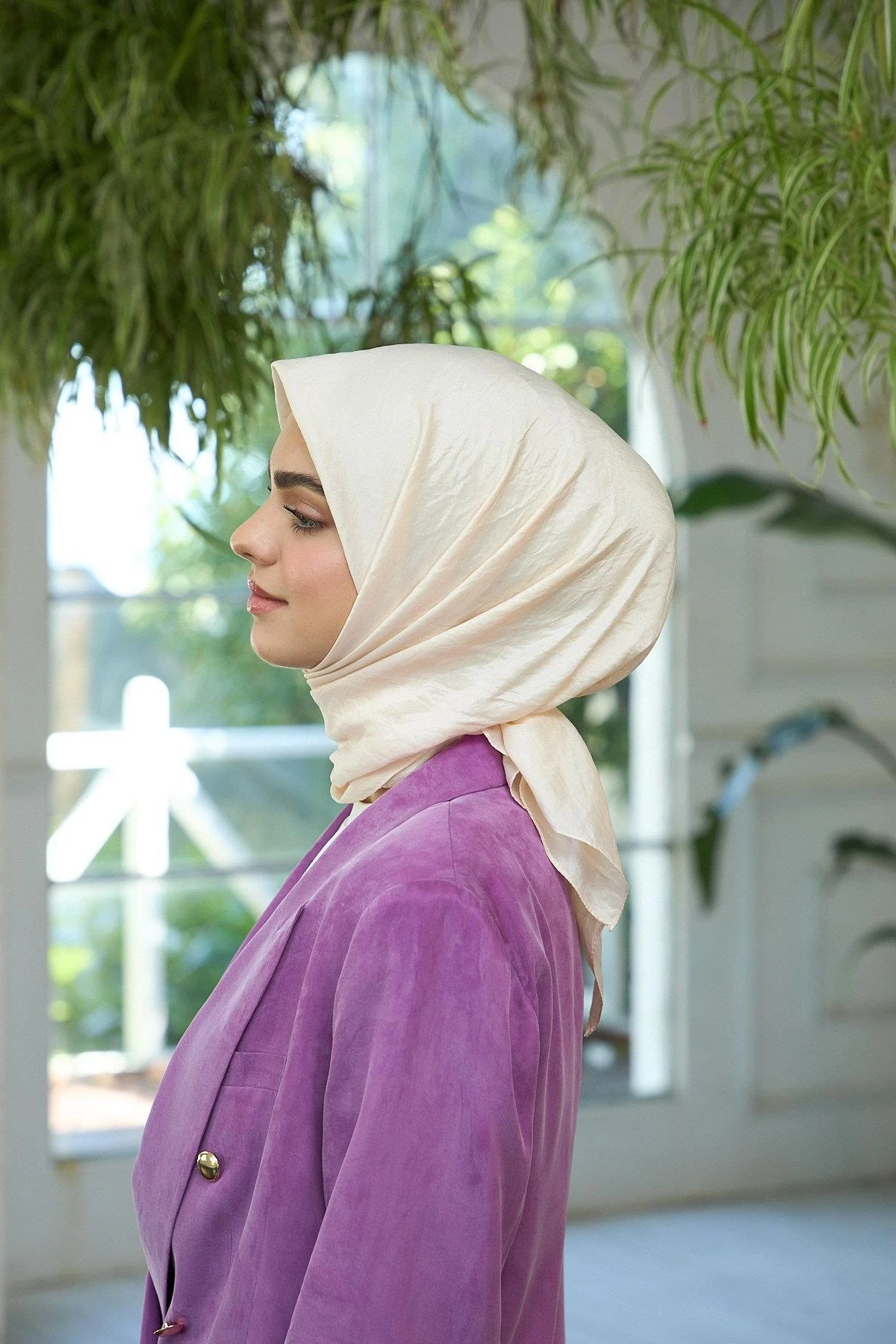 Düz Desen Vual Eşarp Krem Vual İpek Eşarp - 10100-11