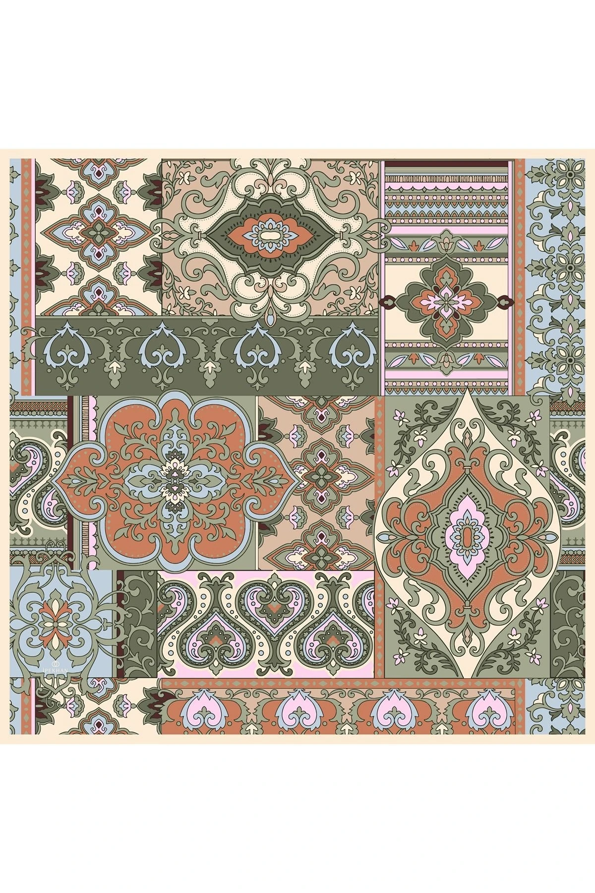 Mozaik Yeşil Turuncu Pamuk Viskon Eşarp