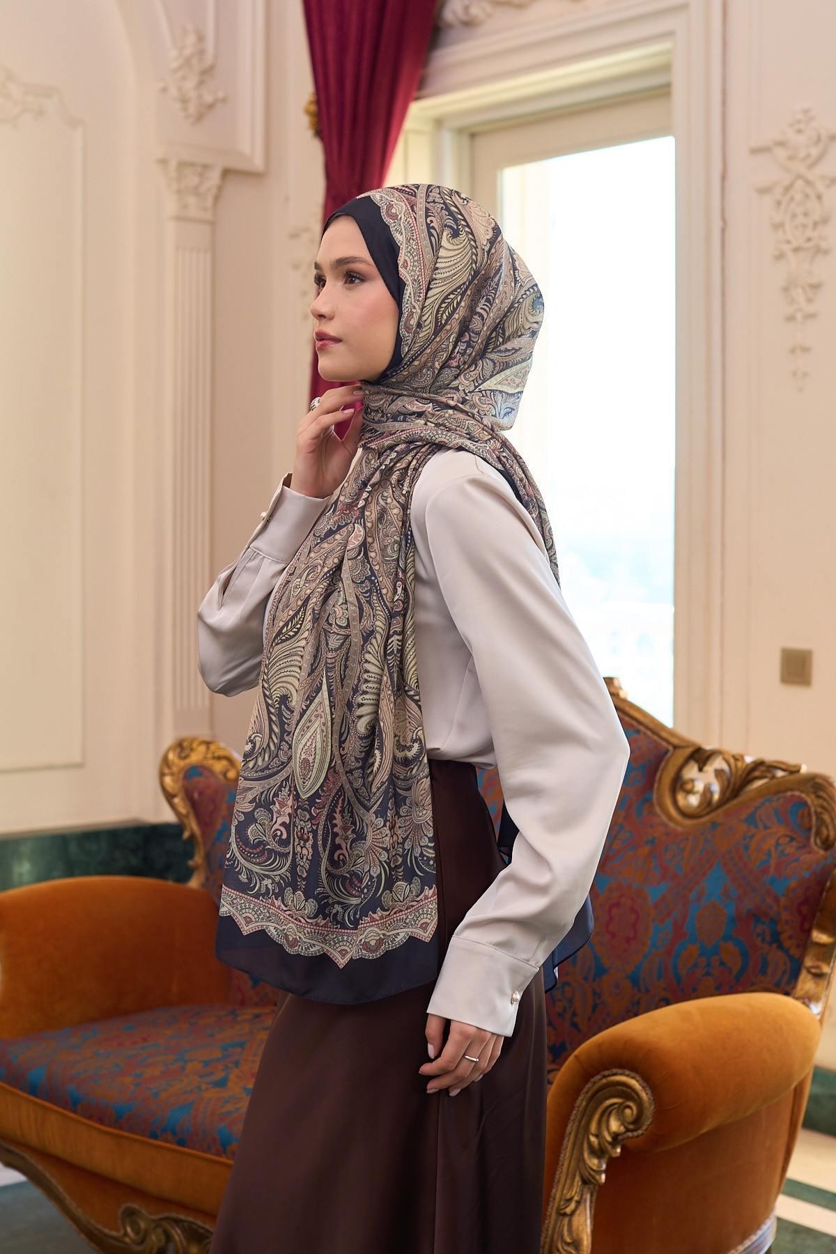 Desenli Vual Şal Siyah Su Yeşili Vual İpek Şal - 9804-18