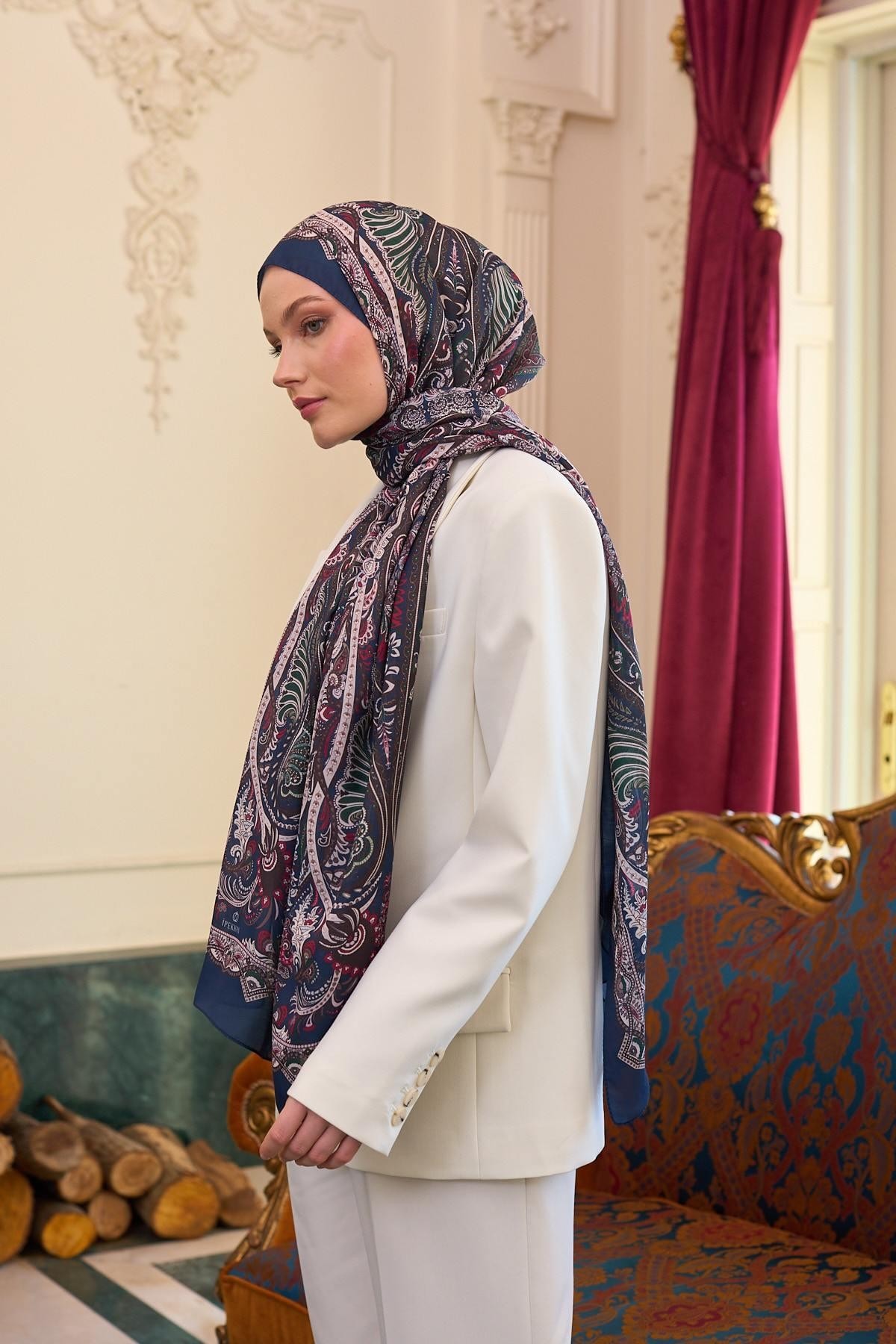 Desenli Vual Şal Lacivert Bordo Vual İpek Şal - 9804-09