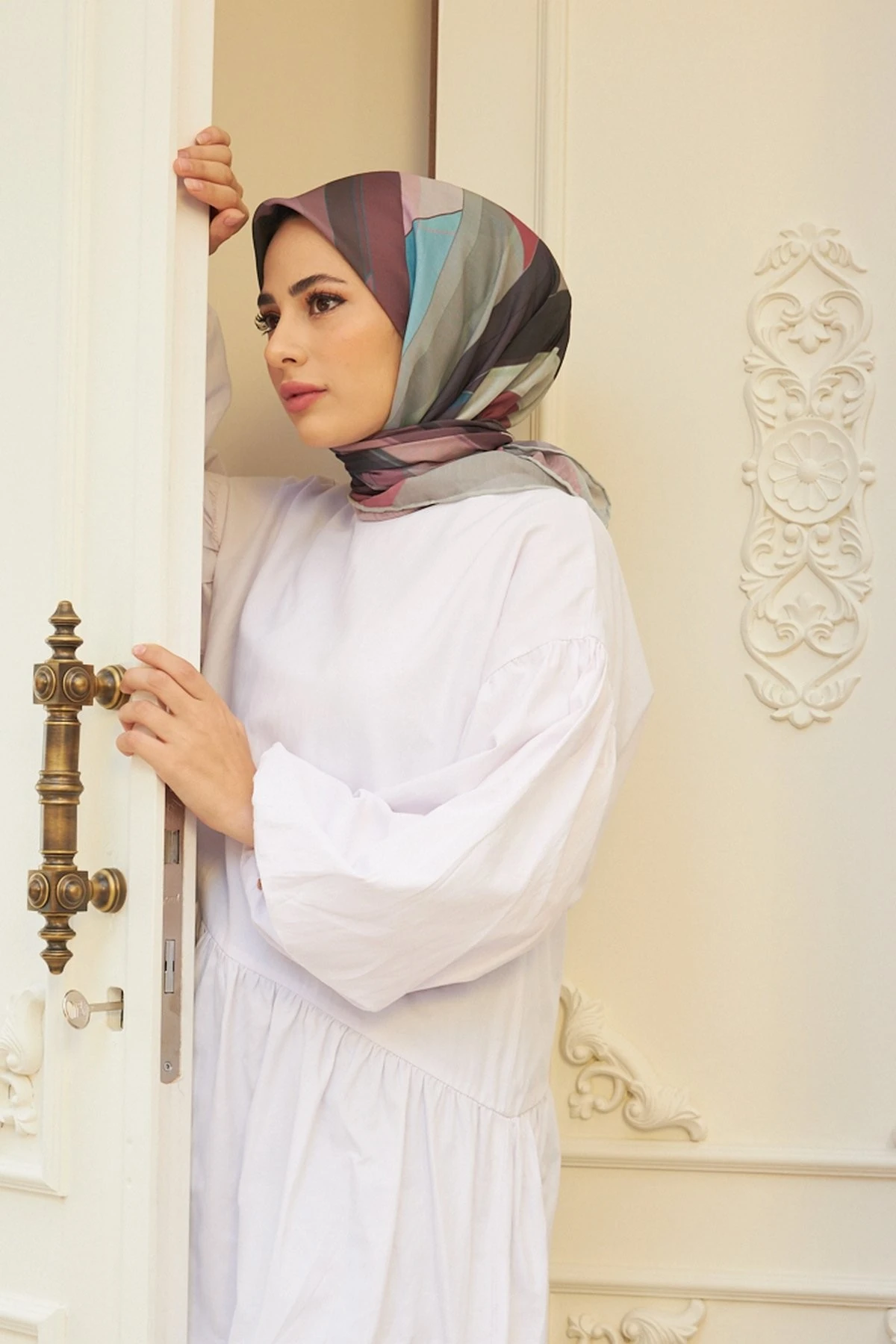 Geometrik Gri Pamuk Viskon Eşarp