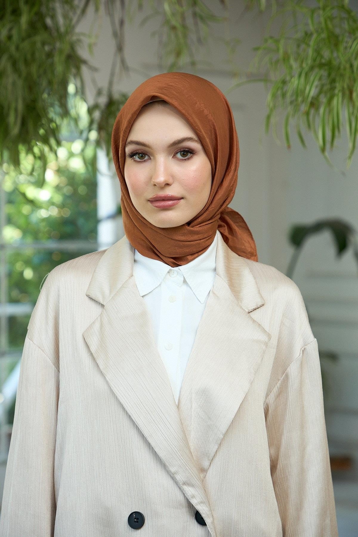 Düz Desen Vual Eşarp Kahverengi Vual İpek Eşarp - 10100-18