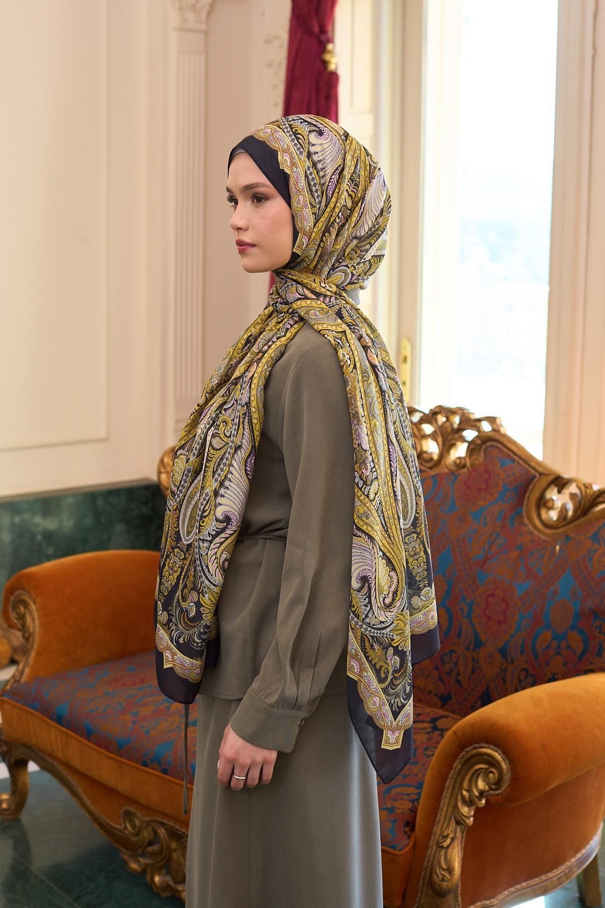 Desenli Vual Şal Altuni Vual İpek Şal - 9804-02