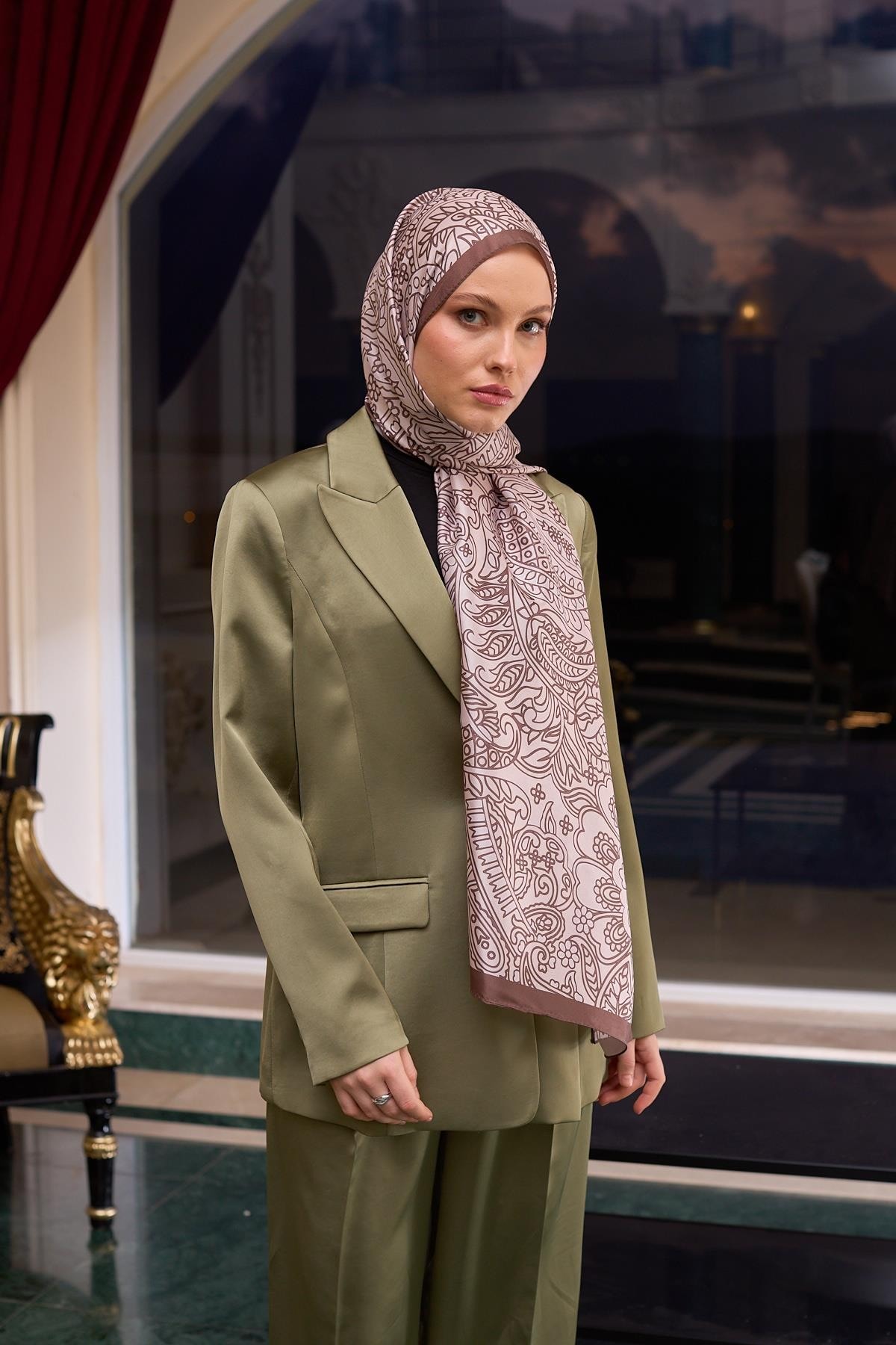 Desenli Vual Şal Sütlü Kahve Krem Vual İpek Şal - 9803-28