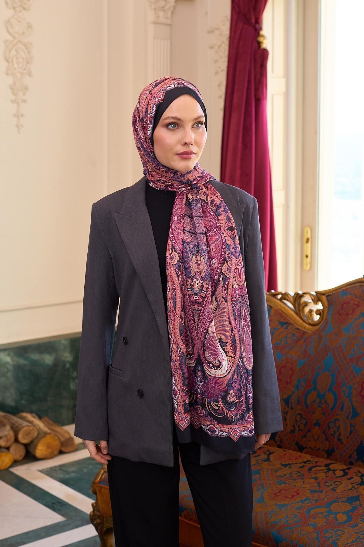 Desenli Vual Şal Fuşya Vual İpek Şal - 9804-04