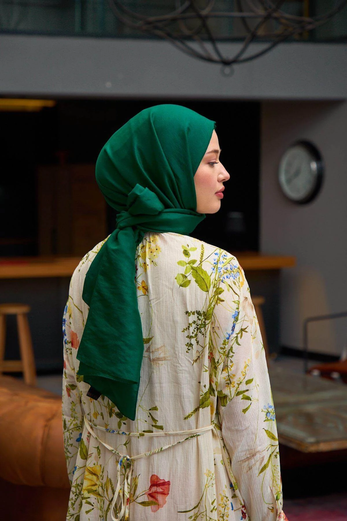 Düz Desen Vual Şal Avcı Yeşili Vual İpek Şal - 9800-12