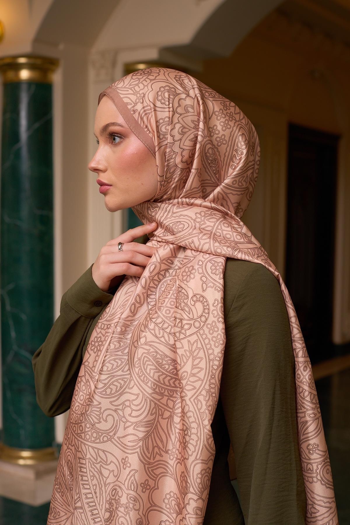 Desenli Vual Şal Sütlü Kahve Vual İpek Şal - 9803-27