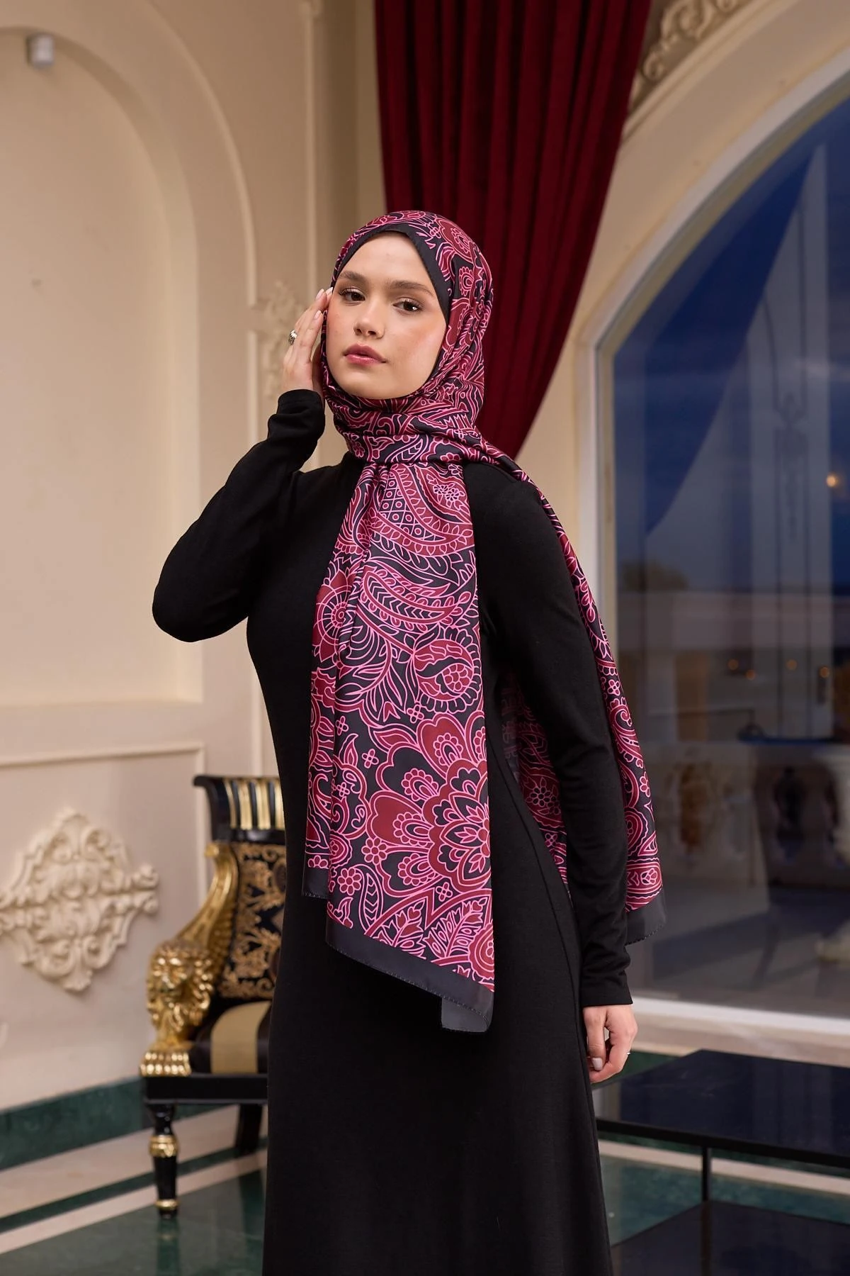 Desenli Vual Şal Fuşya Siyah Vual İpek Şal - 9803-08