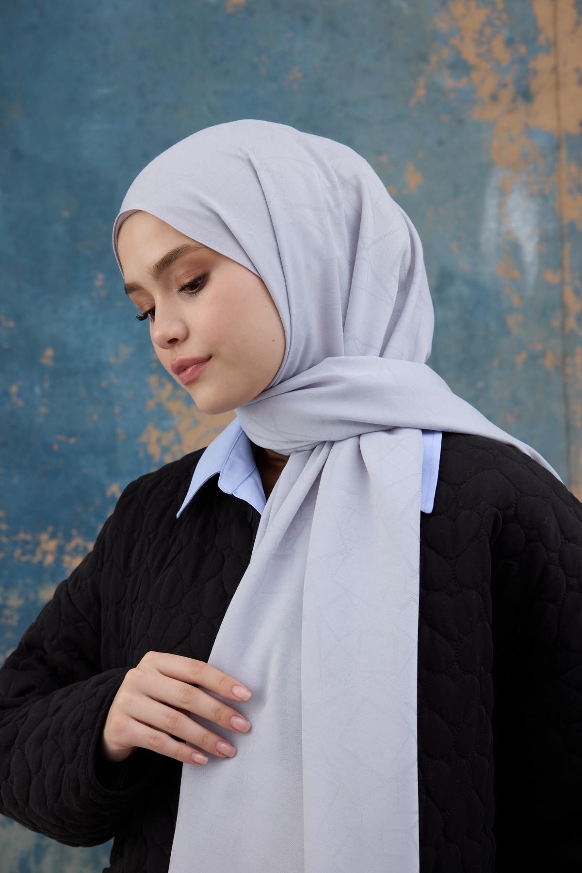 Kare Desen Pamuk Jakar Şal Gümüş 8012-06