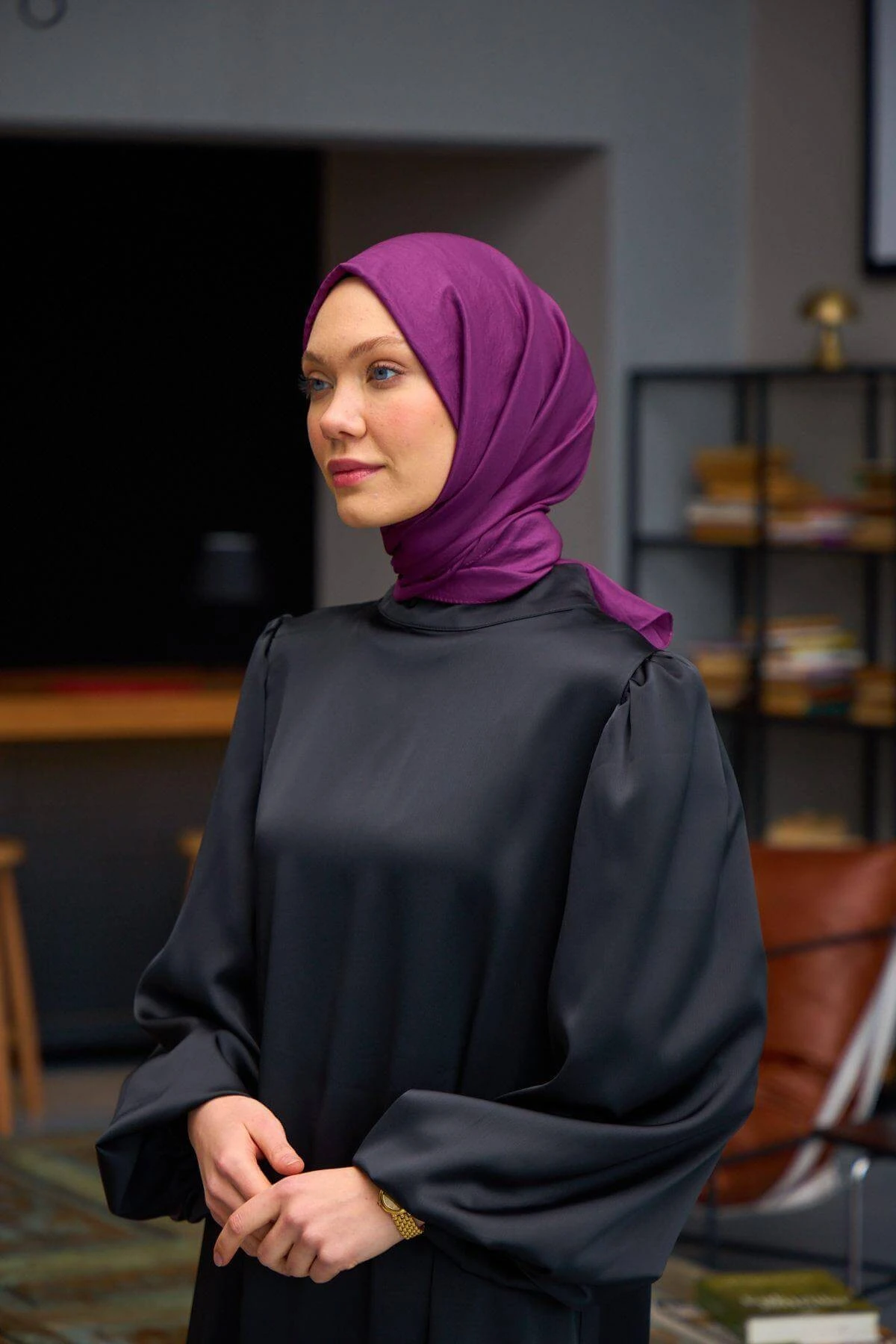 Düz Desen Vual Şal Mürdüm Vual İpek Şal - 9800-15