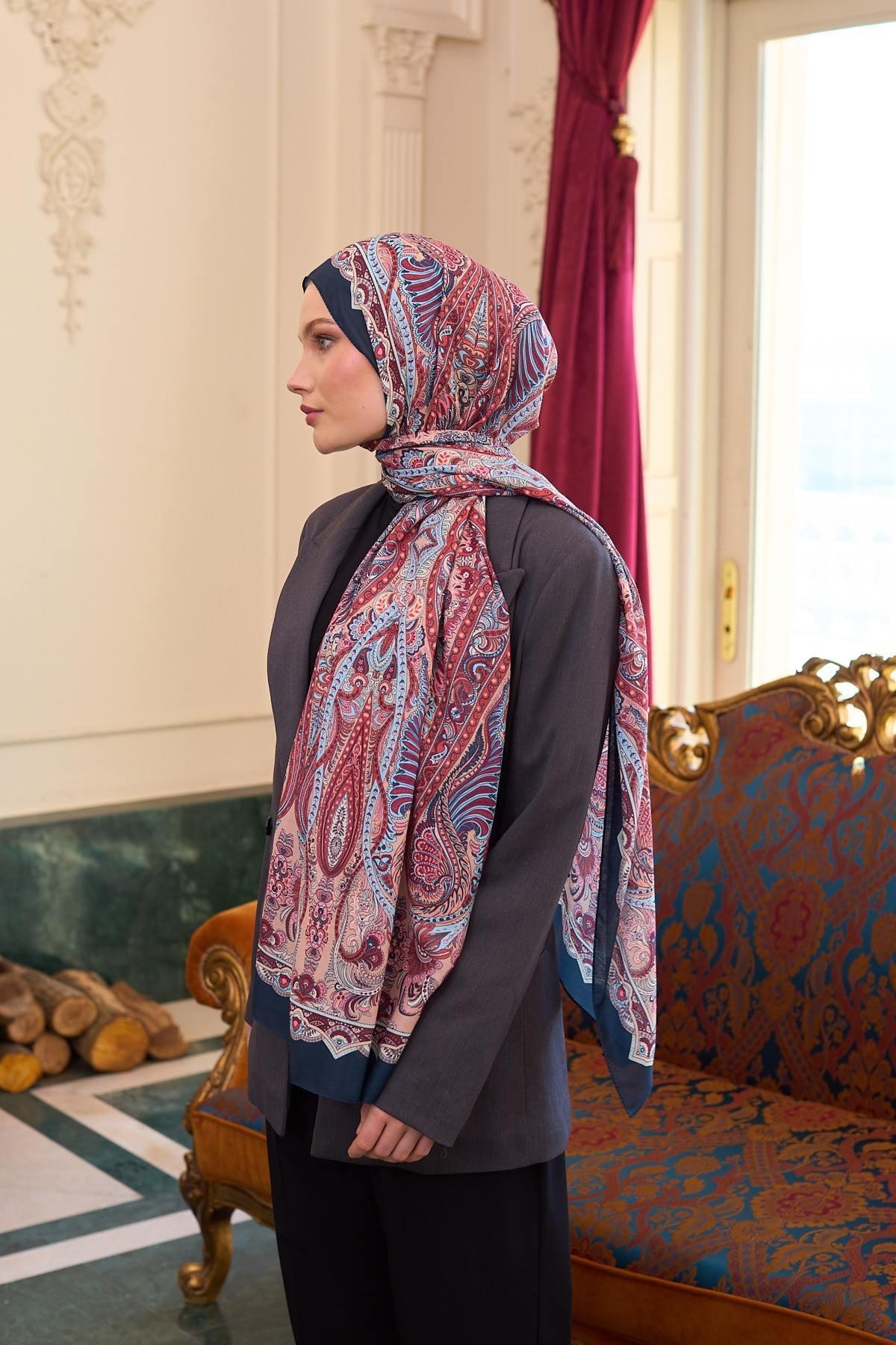 Desenli Vual Şal Lacivert Somon Vual İpek Şal - 9804-11