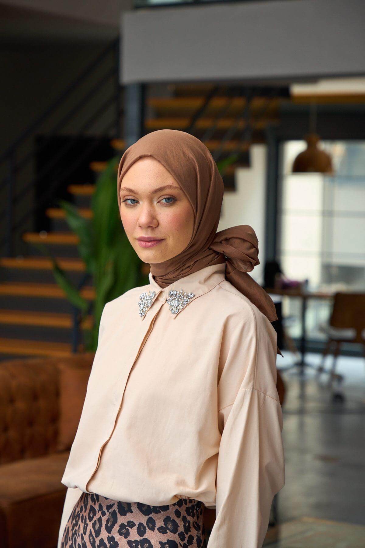 Düz Desen Vual Şal Soluk Kahve Vual İpek Şal - 9800-31